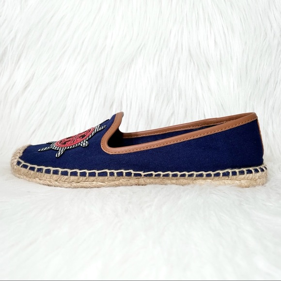 SOLD-Tory Burch Nautical Anchor & Logo Flat Slip On Navy Blue Canvas Espadrilles - Picture 3 of 10